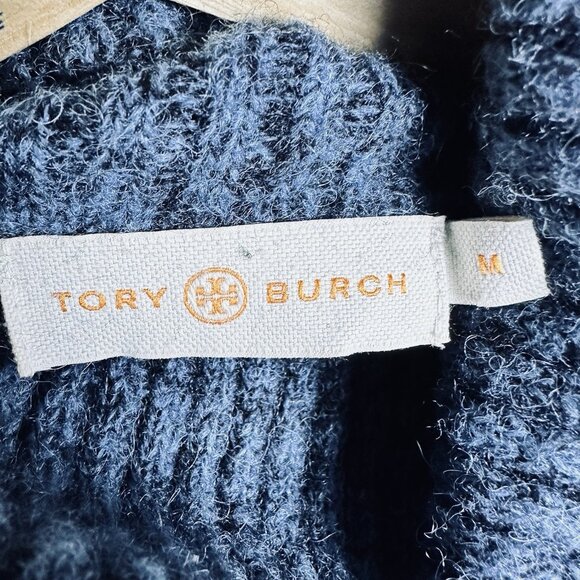 Tory Burch Tricia Blue Alpaca Wool Horizontal Striped Turtleneck Sweater Medium - Picture 3 of 7